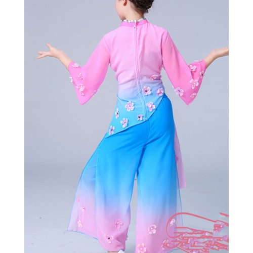 Girls Chinese folk dance costumes kids children ancient fairy flowers jasmine yangko umbrella fan dance costumes dresses